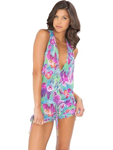Luli Fama Tropical Floral Plunge Cover Up Romper In Turquoise & Pink, Small